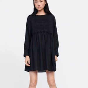 ZARA Charcoal black tunic peasant dress M eyelet long sleeves embroidered